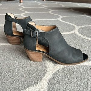 Lucky Brand open toe ankle booties, size 9, color black